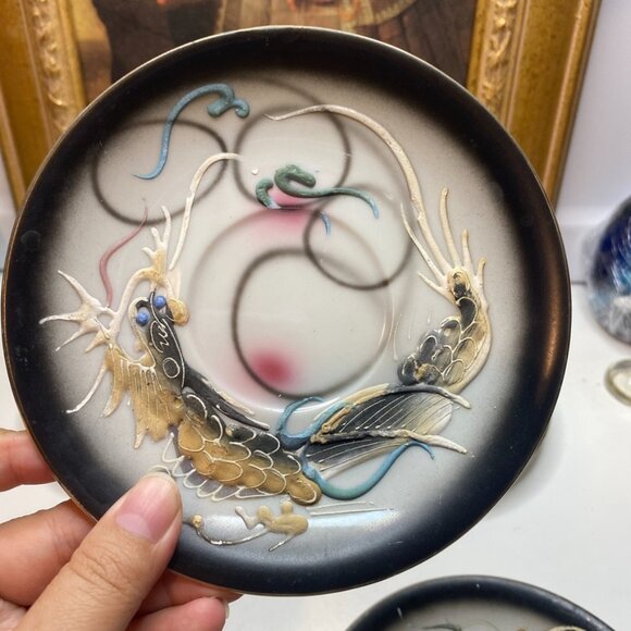 Vintage 5 Saucers Moriage Dragon Ware Marked Lucky Porcelain Japan Black 5.5” - Picture 6 of 9